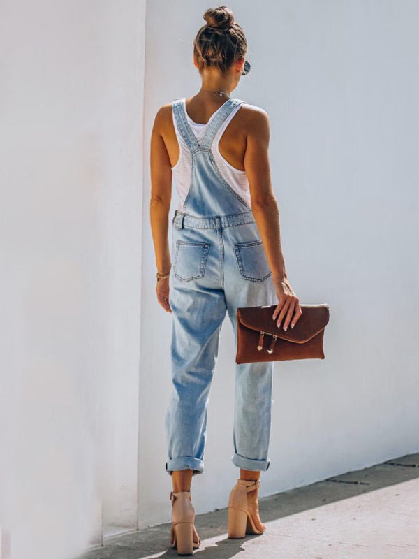 Blue Zone Planet | Women's washed ripped blue overalls jeans-BOTTOM SIZES SMALL MEDIUM LARGE-[Adult]-[Female]-2022 Online Blue Zone Planet