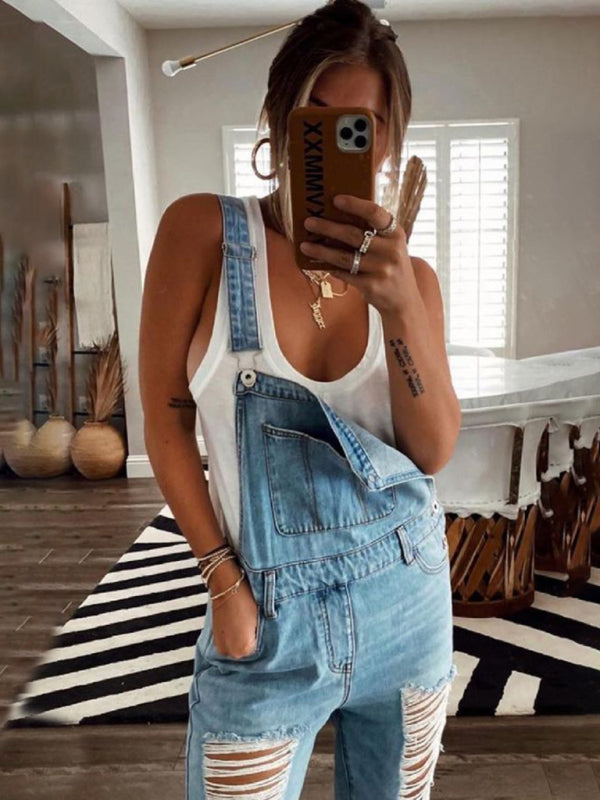 Blue Zone Planet | Women's washed ripped blue overalls jeans-BOTTOM SIZES SMALL MEDIUM LARGE-[Adult]-[Female]-2022 Online Blue Zone Planet