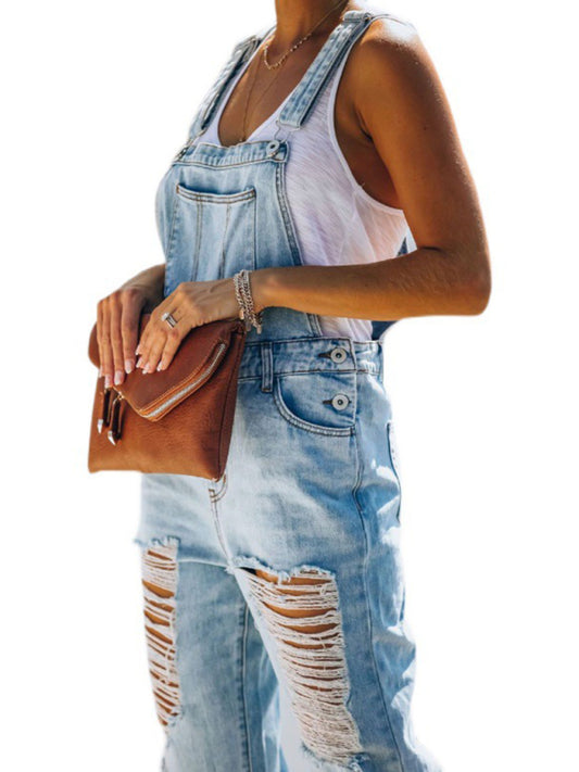 Blue Zone Planet | Women's washed ripped blue overalls jeans-BOTTOM SIZES SMALL MEDIUM LARGE-[Adult]-[Female]-Blue-S-2022 Online Blue Zone Planet