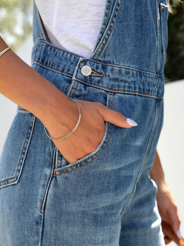Women's washed blue overalls jeans jumpsuit-[Adult]-[Female]-Blue-S-2022 Online Blue Zone Planet