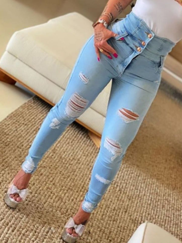 Blue Zone Planet | High waist ripped jeans pencil pants-BOTTOM SIZES SMALL MEDIUM LARGE-[Adult]-[Female]-Blue-S-2022 Online Blue Zone Planet