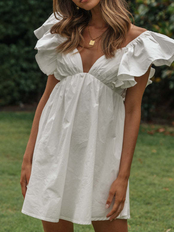 V-neck ruffle sleeves age-reducing short dress BLUE ZONE PLANET