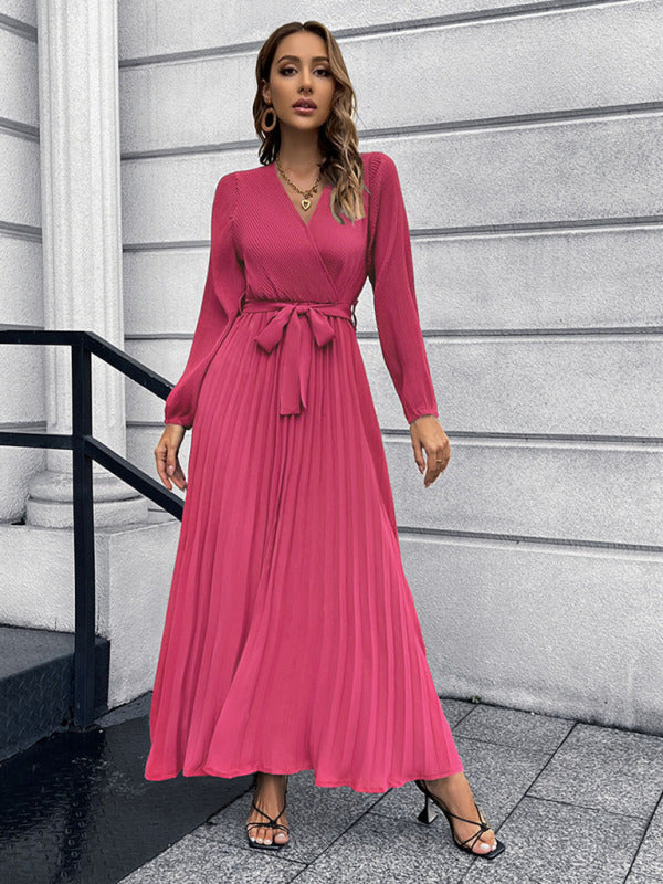 V-neck long-sleeved pleated A-line midi dress BLUE ZONE PLANET