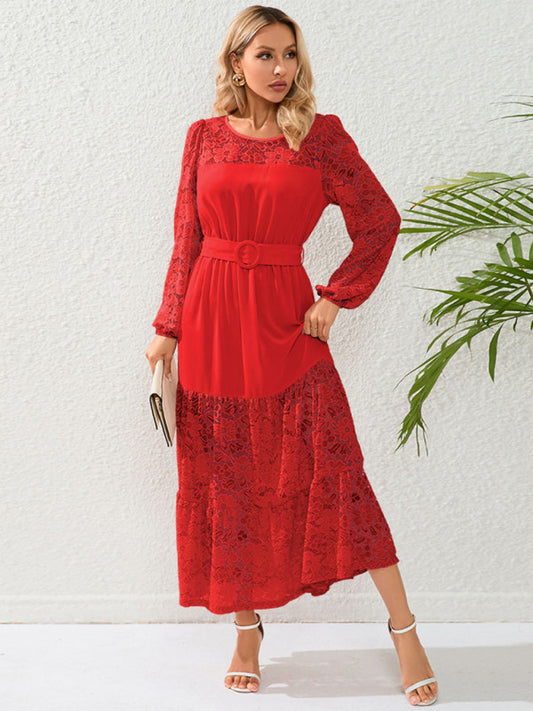 Lace French patchwork waist midi dress-TOPS / DRESSES-[Adult]-[Female]-Red-S-2022 Online Blue Zone Planet