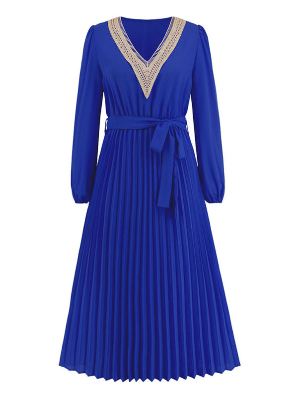 Blue Zone Planet |  V-neck lace pleated dress mid-length A-line skirt BLUE ZONE PLANET