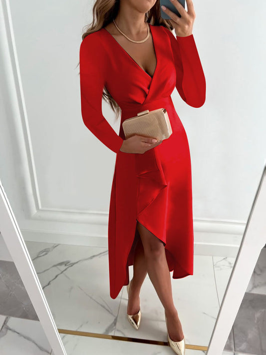 Long Sleeve V-Neck Gathered Hem Slit Dress kakaclo