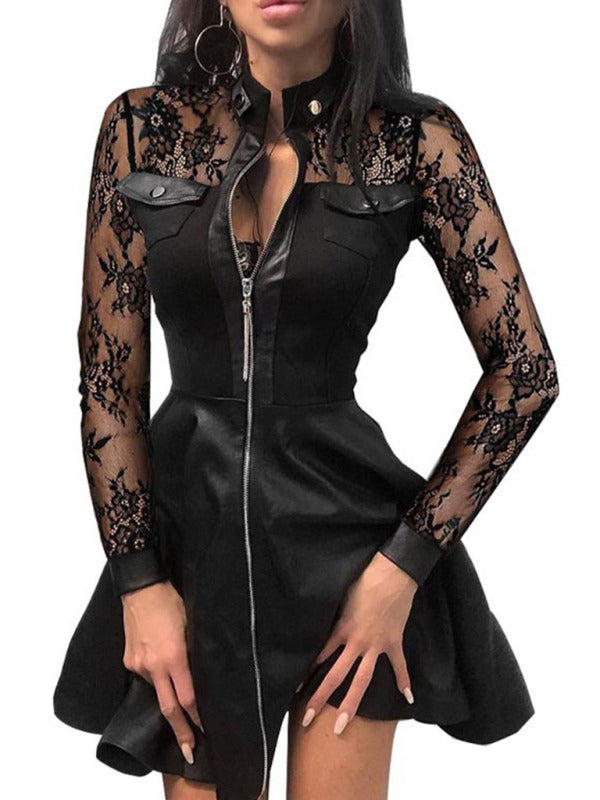 Long sleeve V-neck zipper pu pocket dress for women BLUE ZONE PLANET