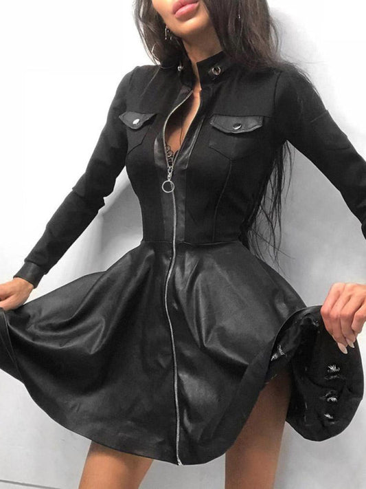 Long sleeve V-neck zipper pu pocket dress for women BLUE ZONE PLANET
