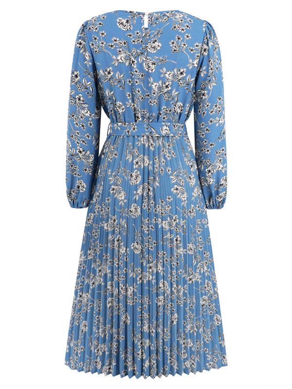 Blue Zone Planet |  Pleated long-sleeved floral retro bow dress BLUE ZONE PLANET