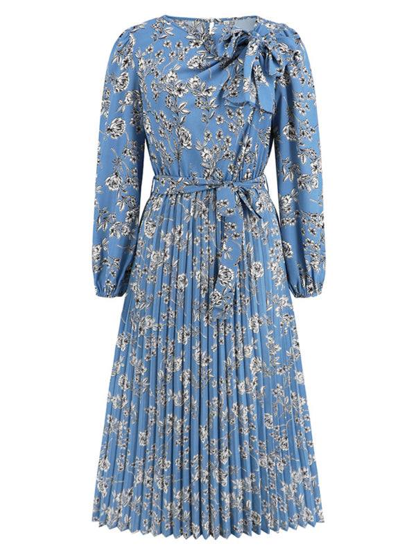 Blue Zone Planet |  Pleated long-sleeved floral retro bow dress BLUE ZONE PLANET