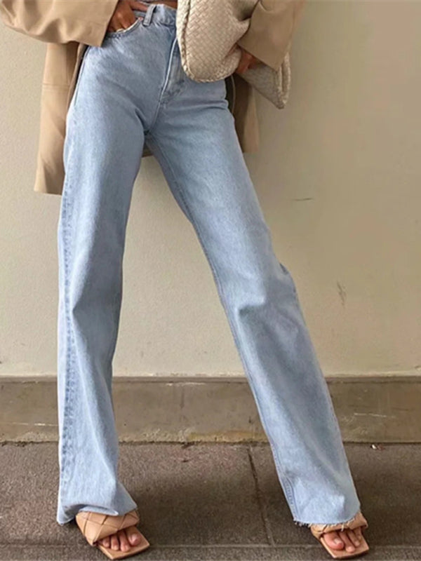 New high-waist floor-length loose slimming straight wide-leg jeans-BOTTOM SIZES SMALL MEDIUM LARGE-[Adult]-[Female]-Clear blue-XS-2022 Online Blue Zone Planet