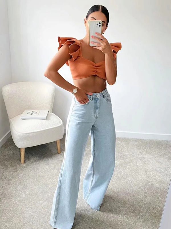 New high-waist floor-length loose slimming straight wide-leg jeans-BOTTOM SIZES SMALL MEDIUM LARGE-[Adult]-[Female]-2022 Online Blue Zone Planet