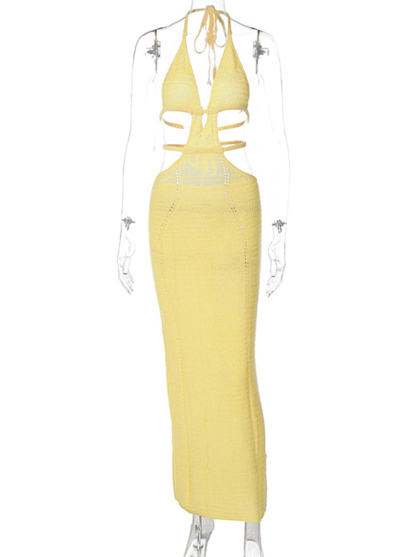 New Sexy Street Style Pure Desire Halter Neck Wrapped Chest Hollow Splicing Lace Up Dress-[Adult]-[Female]-2022 Online Blue Zone Planet