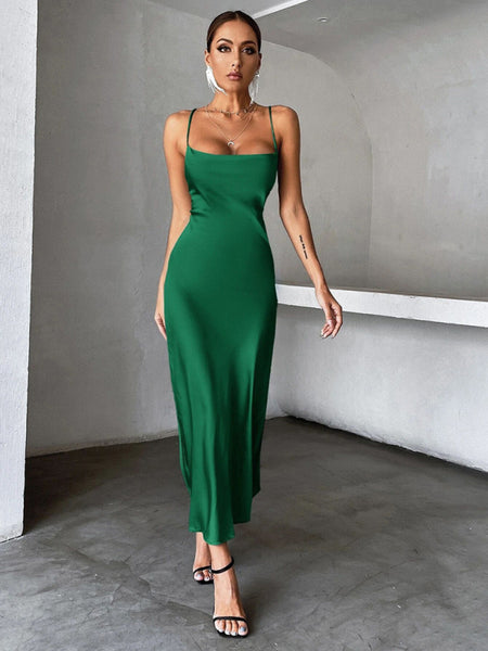 Blue Zone Planet | Green satin party spaghetti trap maxi dress Blue Zone Planet | Green satin party spaghetti trap maxi dress