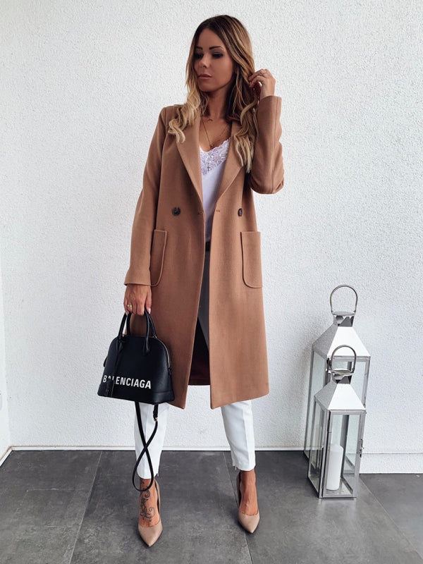 autumn and winter solid color long-sleeved double pocket suit collar woolen jacket kakaclo