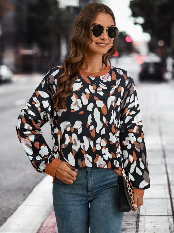 round neck dropped shoulder lantern sleeve printed top BLUE ZONE PLANET