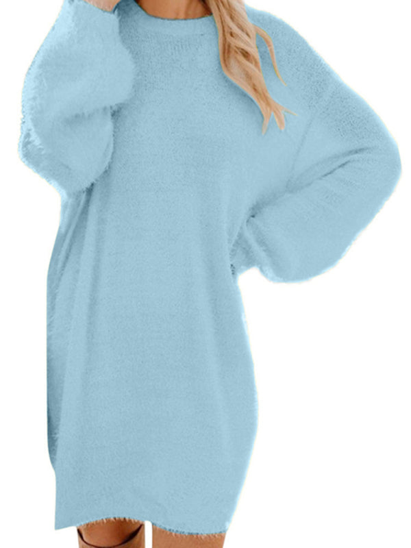 Blue Zone Planet |  Mid-Length Long Sleeve Round Neck Loose Plush Dresses BLUE ZONE PLANET