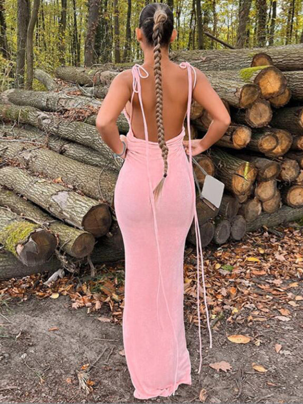 sexy halter top dress Nina's Backless Strappy Tube Top Halter Neck Floor Length Dress Pastel pink / S by Blue Zone Planet
