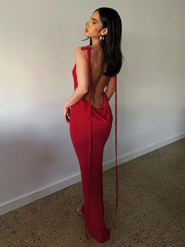 New fashionable and sexy backless strappy long skirt tube top halter neck dress kakaclo