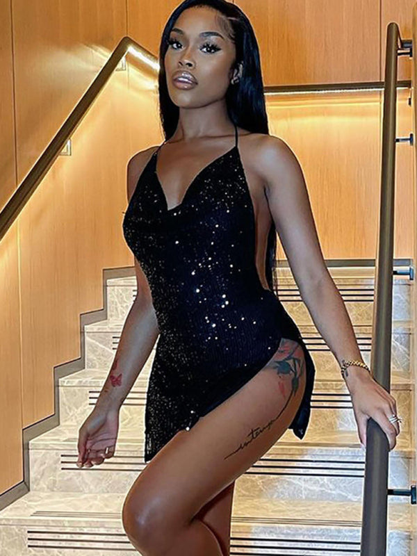 Sexy backless hollow halter neck figure-flattering short women's dress-[Adult]-[Female]-Black-S-2022 Online Blue Zone Planet