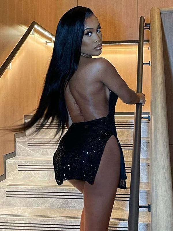 Sexy backless hollow halter neck figure-flattering short women's dress-[Adult]-[Female]-2022 Online Blue Zone Planet