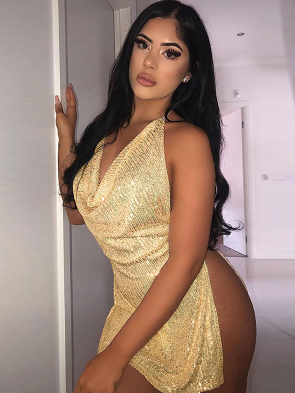 Sexy backless hollow halter neck figure-flattering short women's dress-[Adult]-[Female]-Golden-S-2022 Online Blue Zone Planet