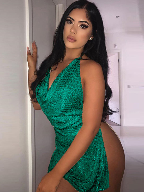 Sexy backless hollow halter neck figure-flattering short women's dress-[Adult]-[Female]-Green-S-2022 Online Blue Zone Planet
