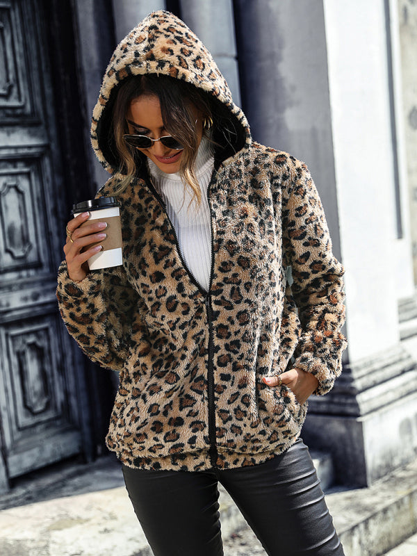 hooded long-sleeved leopard print mid-length loose jacket kakaclo