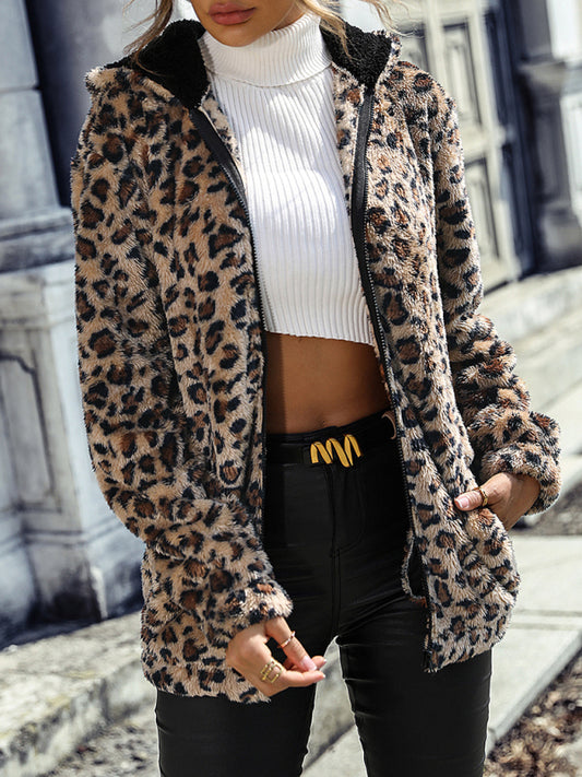 hooded long-sleeved leopard print mid-length loose jacket kakaclo