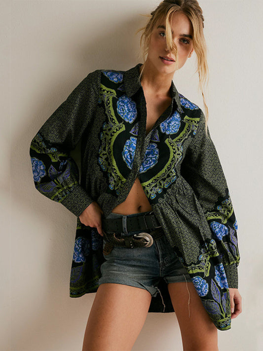Printed lapel long-sleeved loose-fitting dress kakaclo