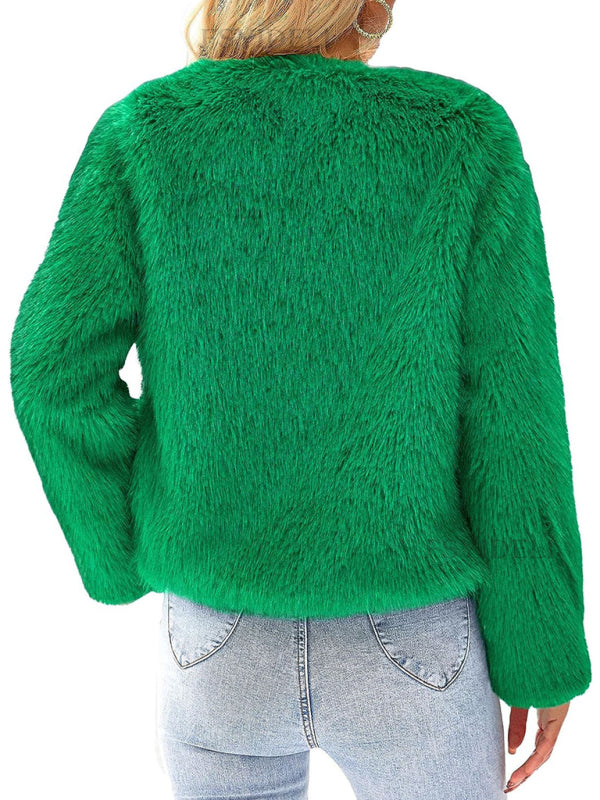 Women's New Furry Multicolor Collarless Top Short Jacket kakaclo