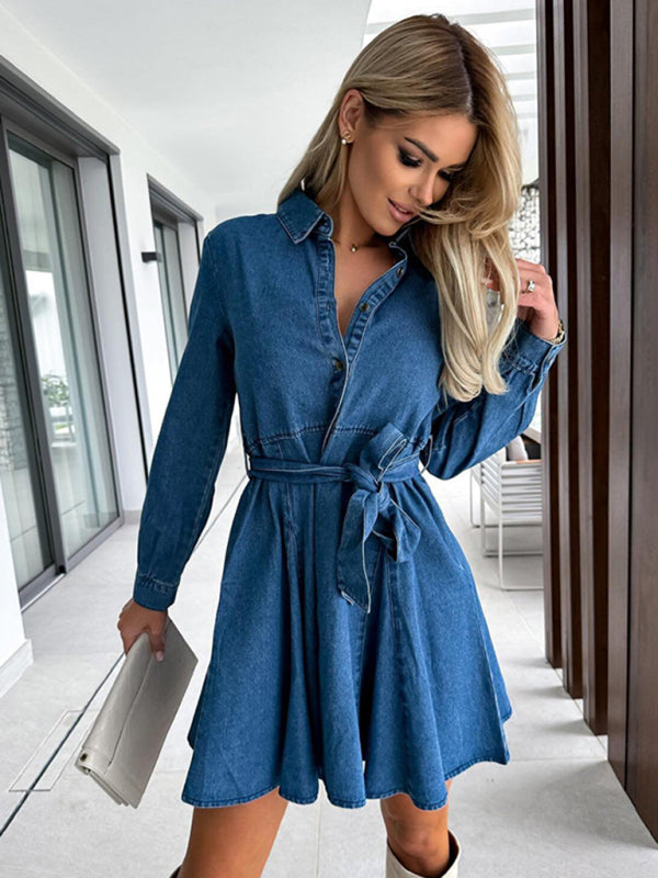 waist-cinched lapel denim dress kakaclo