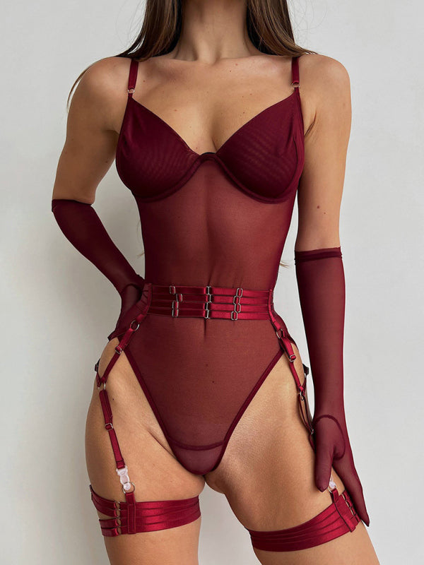 one-piece bodysuit with gloves and bandage see-through mesh sex suit kakaclo