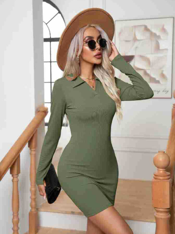 pit lapel long sleeve short skirt hip-hugging bottoming dress kakaclo