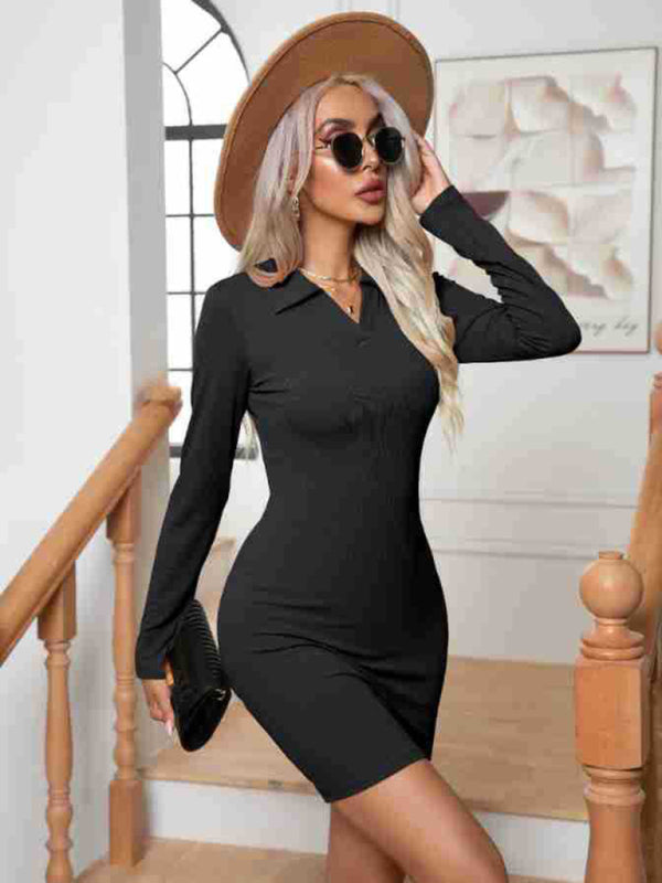 pit lapel long sleeve short skirt hip-hugging bottoming dress kakaclo