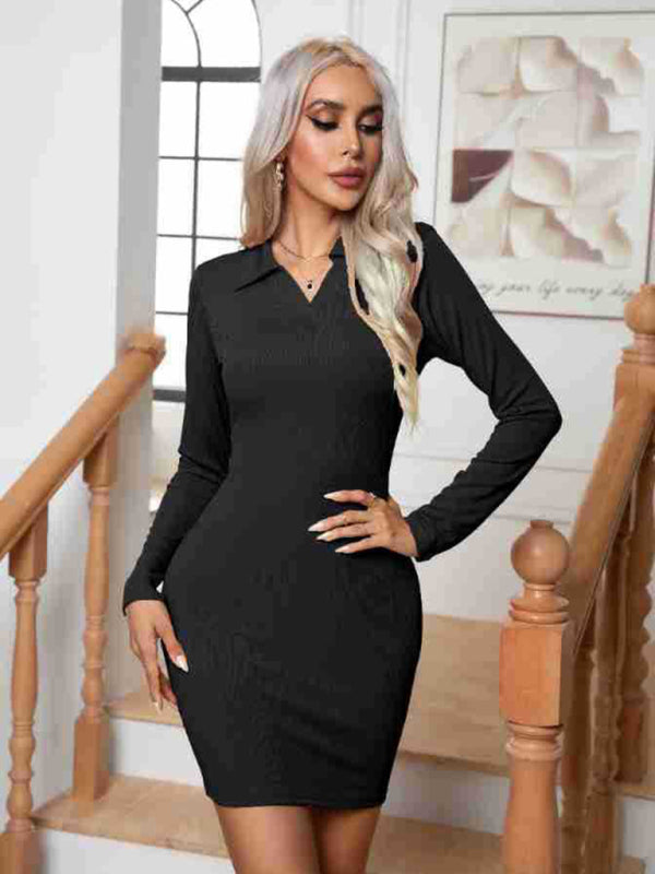 pit lapel long sleeve short skirt hip-hugging bottoming dress kakaclo