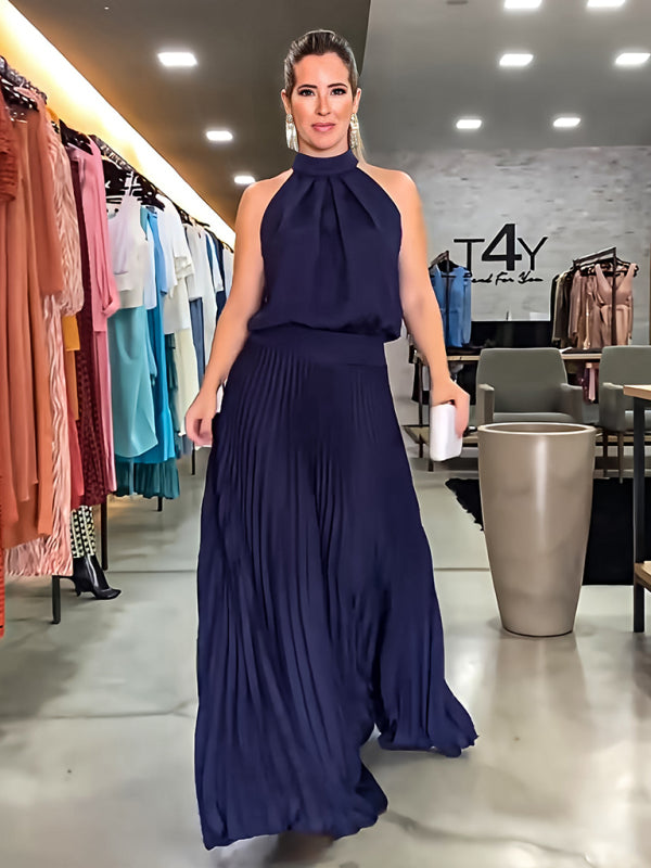 Blue Zone Planet |  sleeveless strappy backless halterneck pleated dress BLUE ZONE PLANET