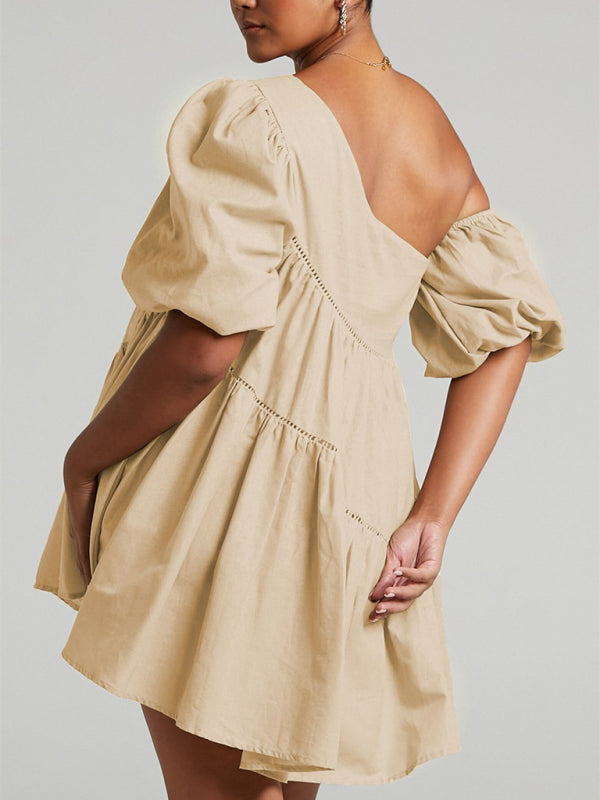 loose off-shoulder puff sleeve patchwork short-sleeved dress irregular skirt kakaclo