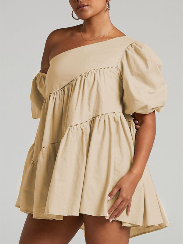 loose off-shoulder puff sleeve patchwork short-sleeved dress irregular skirt kakaclo