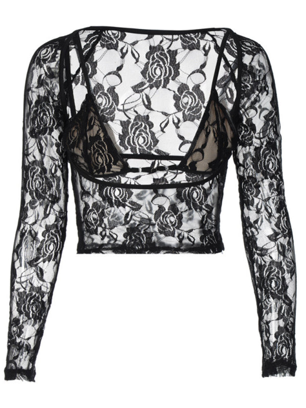 Women's new sexy hottie see-through lace top low-cut high-elastic tight top long-sleeved inner wear kakaclo