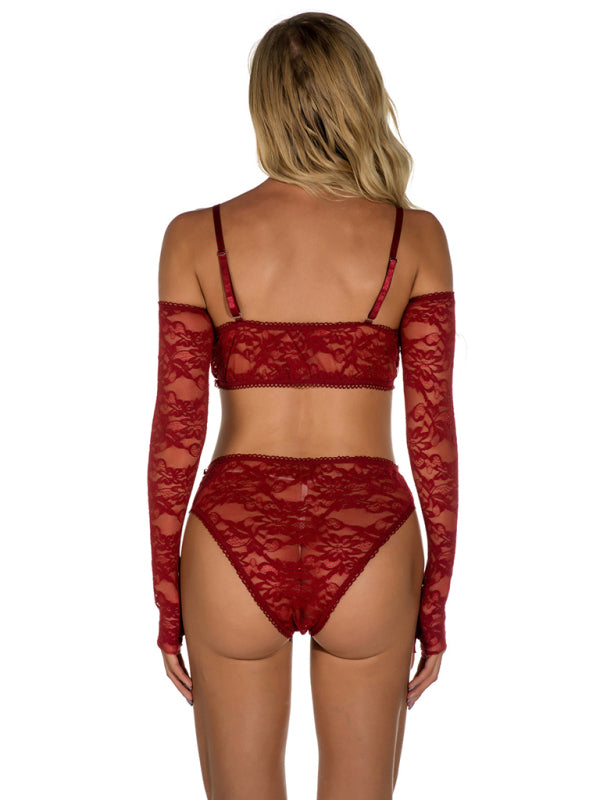 Sexy lingerie, lace transparent pajamas set with gloves, one-piece home wear kakaclo