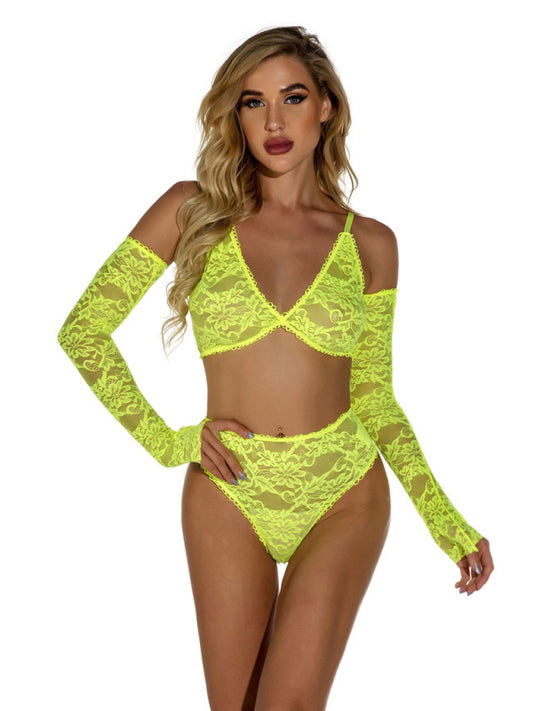 Sexy lingerie, lace transparent pajamas set with gloves, one-piece home wear kakaclo