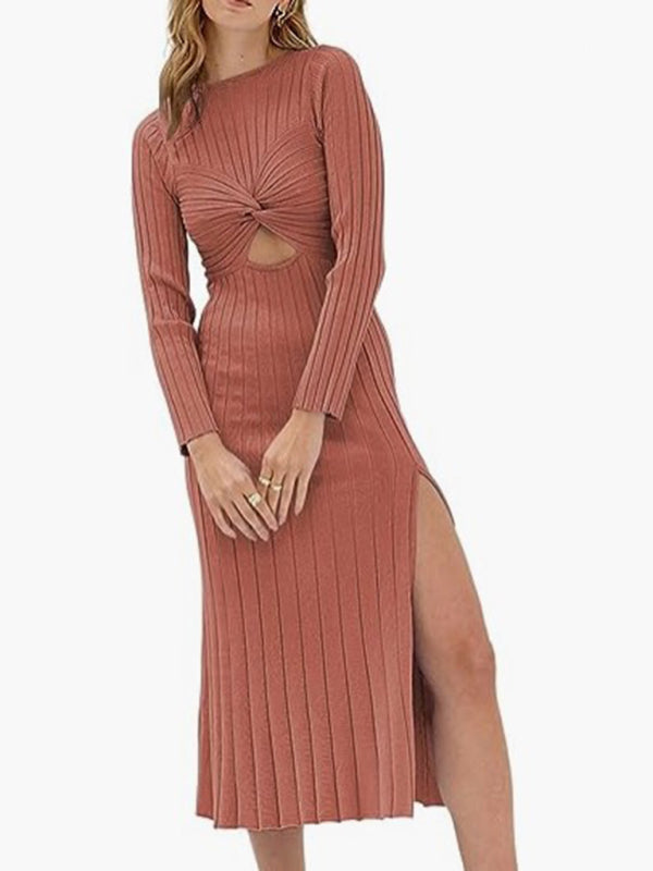 hollow round neck solid color long sleeve slit knitted dress kakaclo