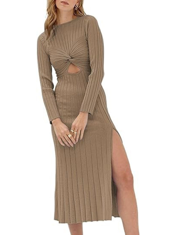 hollow round neck solid color long sleeve slit knitted dress kakaclo