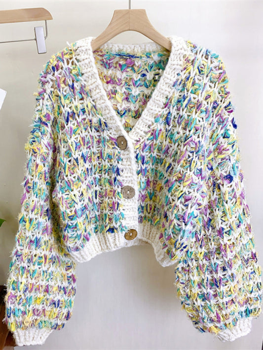 Thick Knitted Colorful Hand-Knitted Sweater Jacket Lazy Style Outer Top kakaclo