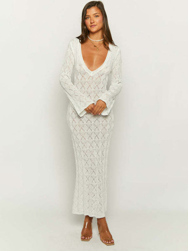 Low-cut sexy V-neck long-sleeved backless slim-fit hip-hugging knitted long maxi dress BLUE ZONE PLANET