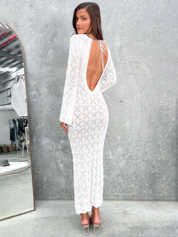 Low-cut sexy V-neck long-sleeved backless slim-fit hip-hugging knitted long maxi dress BLUE ZONE PLANET