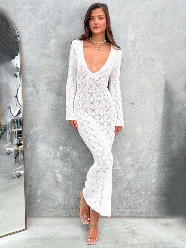 Low-cut sexy V-neck long-sleeved backless slim-fit hip-hugging knitted long maxi dress BLUE ZONE PLANET