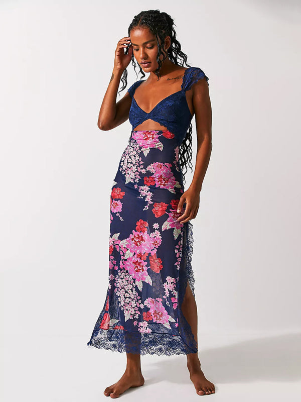 Blue Zone Planet |  Gentle Lace Straps Spliced Slit Long Dress BLUE ZONE PLANET