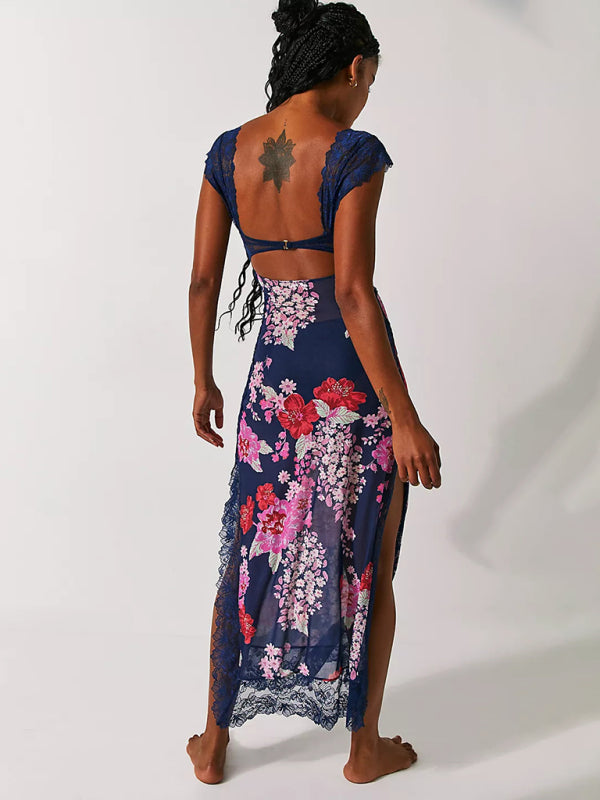 Blue Zone Planet |  Gentle Lace Straps Spliced Slit Long Dress BLUE ZONE PLANET